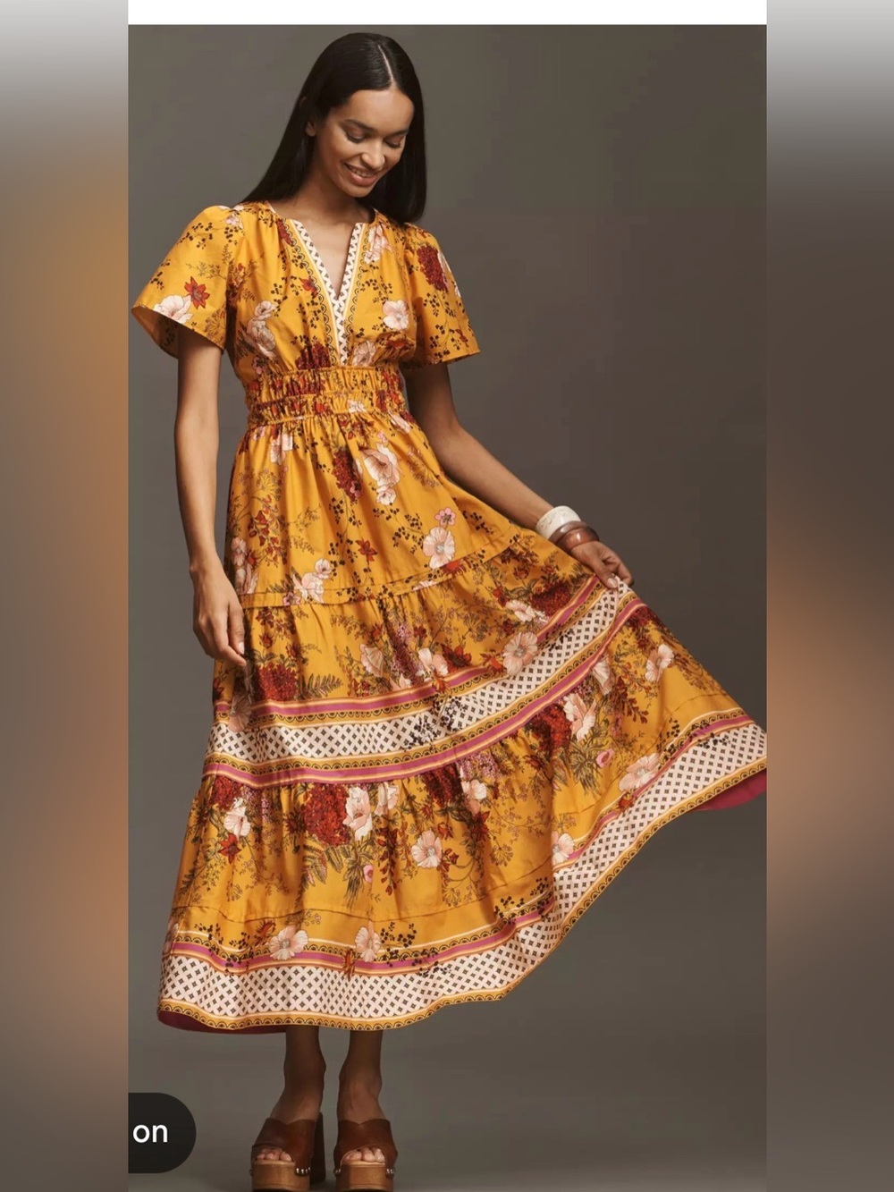 Anthropologie Somerset Mustard Floral Tiered Maxi Dress Smocked Waist XS
NWT